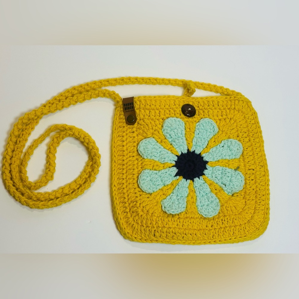 Hand made Yellow Crochet Bag with Floral Design